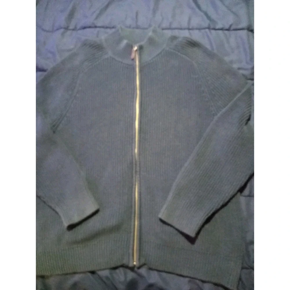 LL Bean Sweater Mens XL Navy‎ Waffle Knit Full Zip Heavyweight Organic Cotton